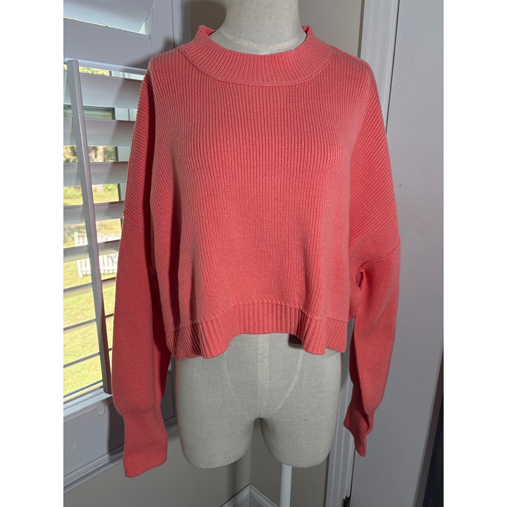Free People Cropped Easy Street Slouchy Sweater S Coral Ribbed Oversized Cozy